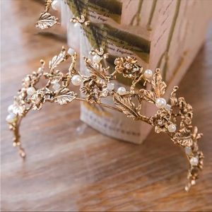 Vintage Baroque Gold Color Pearl Leaf Crown Hairbands Hair Accessories